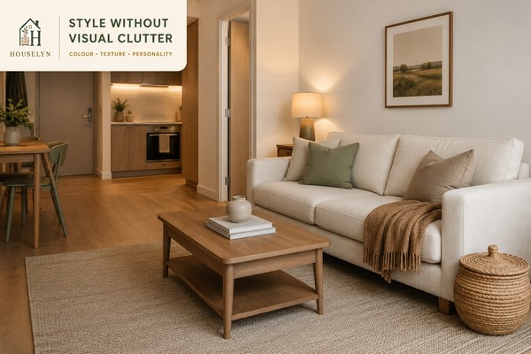 Cohesive small apartment with warm neutral colours, natural wood, restrained accessories and coordinated textiles.