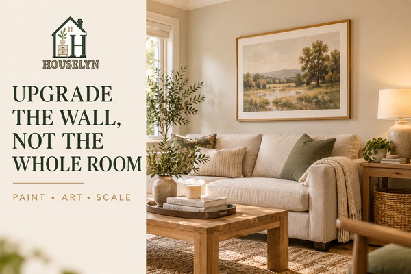 Warm neutral living room with targeted wall improvements including refreshed paint, larger artwork and better picture placement