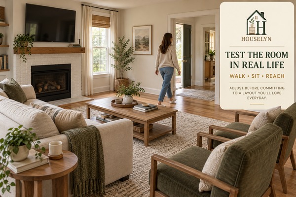 Living room layout being tested for walking routes, seating comfort and table access