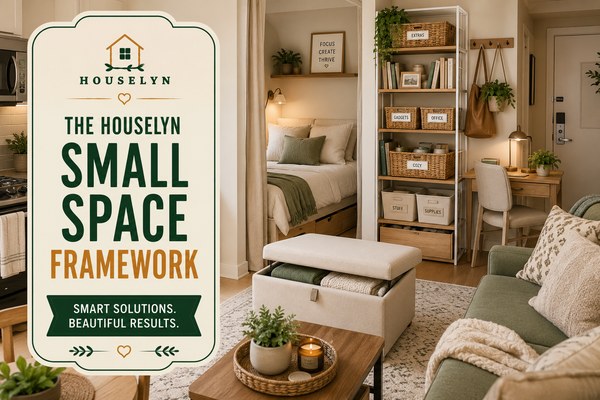 Small space organization framework featuring vertical storage, organized apartment zones, and multi-functional furniture the-houselyn-small-space-framework.jpg