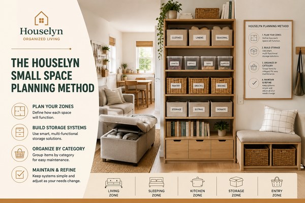 The Houselyn Small Space Planning Method featuring storage zones, organization systems, and practical planning strategies the-houselyn-small-space-planning-method.jpg