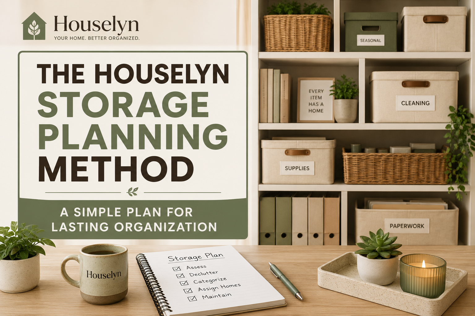 Houselyn storage planning method steps with organized storage shelves and checklist the-houselyn-storage-planning-method.jpg