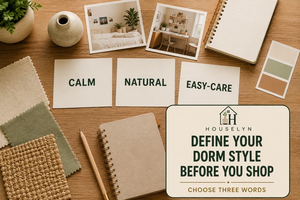 Top-down dorm room planning scene with three style-word cards, coordinated textile samples, a notebook and two personal photographs.