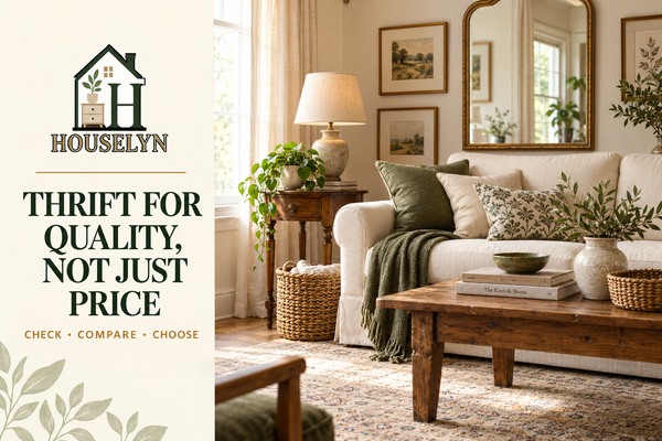 Warm neutral home styled with carefully selected secondhand mirror, solid wood side table, baskets, frames and ceramic decor