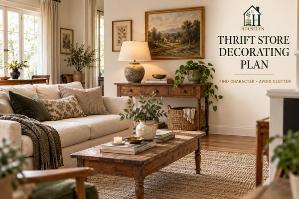 Warm neutral living room styled with carefully selected thrifted wood furniture, ceramic decor, framed art and woven accents