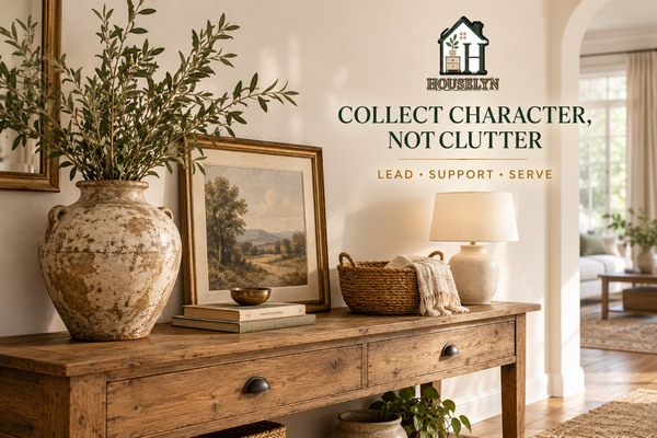 Edited warm neutral shelf and console styled with a few carefully selected thrifted objects and generous negative space