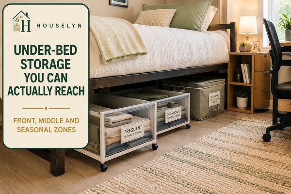 Realistic college dorm bed with visible structural legs, measured rolling drawers at the front and zipped seasonal storage placed deeper beneath the frame.