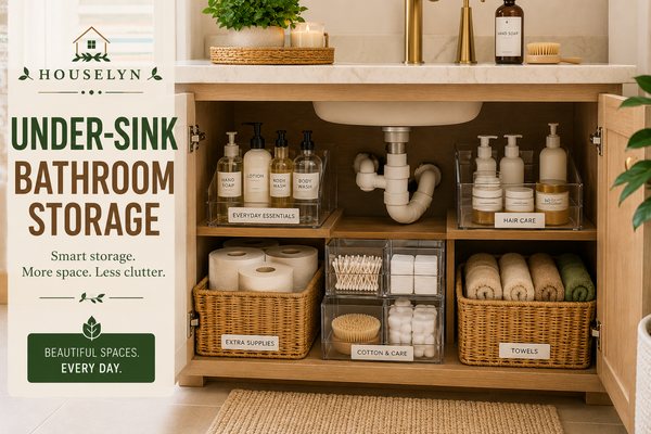 Organized under-sink bathroom storage with clear bins, baskets, and neatly arranged toiletries. under-sink-bathroom-storage.jpg