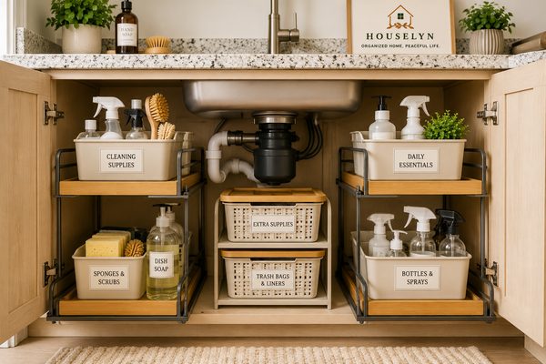 uOrganized under-sink kitchen storage with cleaning supplies neatly arranged in pull-out organizers. nder-sink-kitchen-storage.jpg