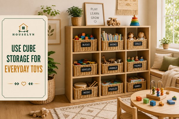 Toy storage ideas featuring cube storage shelves, labeled baskets, and organized children's toys. use-cube-storage-for-everyday-toys.jpg