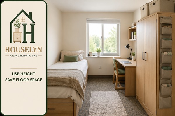 Compact dorm room using upper wardrobe space and one slim vertical solution while preserving a clear floor and open walkway.