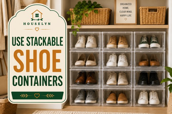 Shoe storage ideas featuring stackable shoe containers, organized footwear, and closet shoe storage. use-stackable-shoe-containers-for-better-organization.jpg