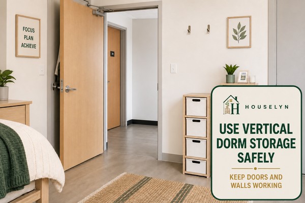 College dorm entrance with a fully operating door, one lightweight organiser, supplied hooks and a narrow stable storage unit clear of safety equipment.