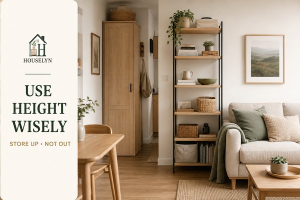 Small apartment with stable slim shelving, high seasonal storage and clear floor space