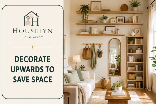 Compact living room featuring floating shelves, tall bookcase, artwork and vertical wall storage ideas.