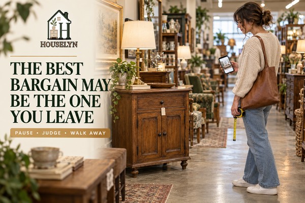 Shopper evaluating a thrifted furniture piece and choosing to leave it behind because it does not fit the room plan