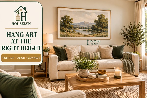 Living room with correctly positioned wall art above a sofa at a balanced hanging height