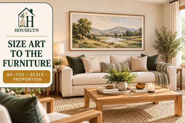 Living room with correctly scaled large wall art above a wide cream sofa and balanced wall space around the frame