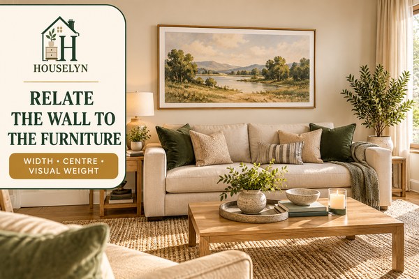 Living room with framed artwork proportionally aligned above a sofa to create a connected furniture and wall decor zone