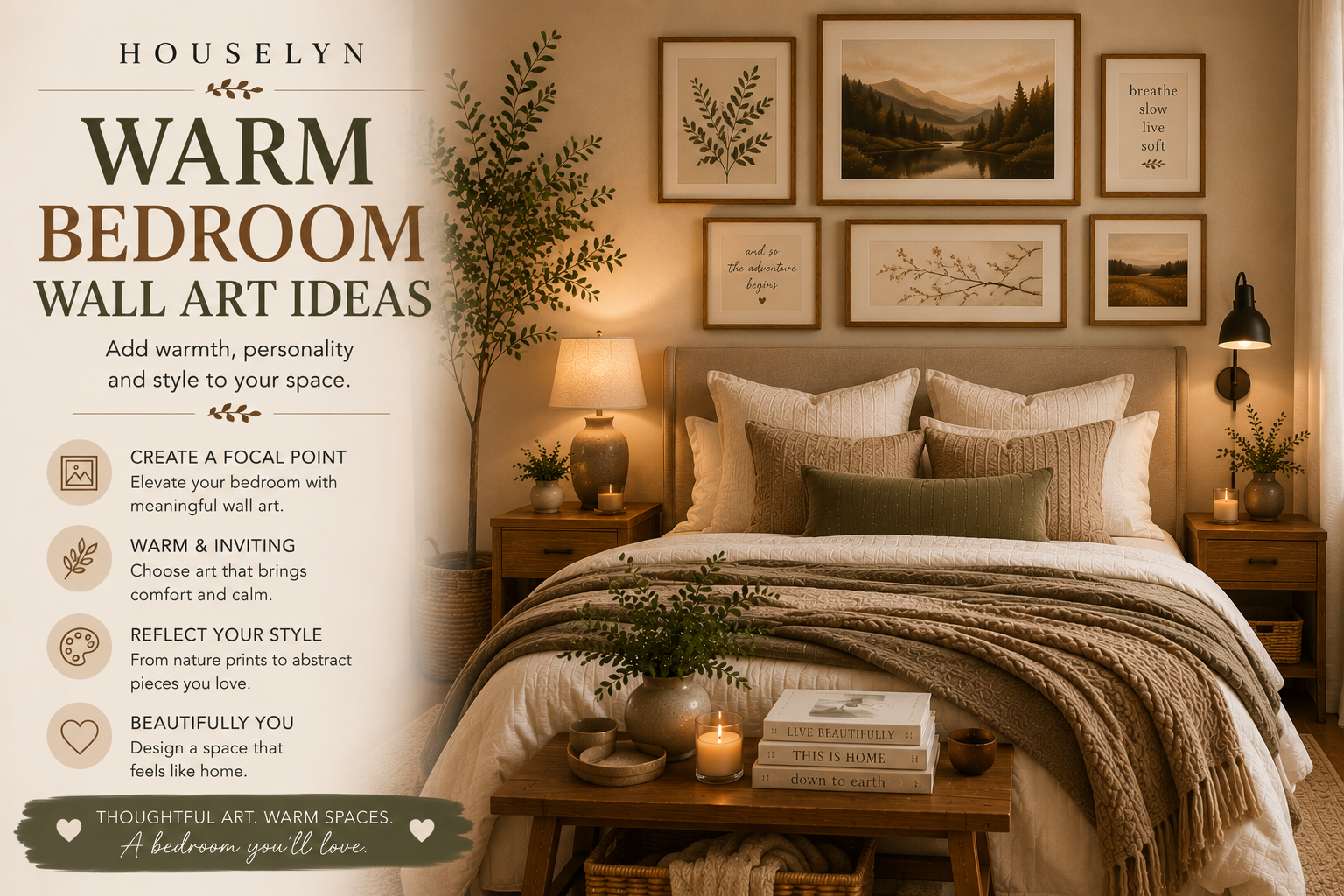 Cozy bedroom wall art with warm neutral decor and framed prints