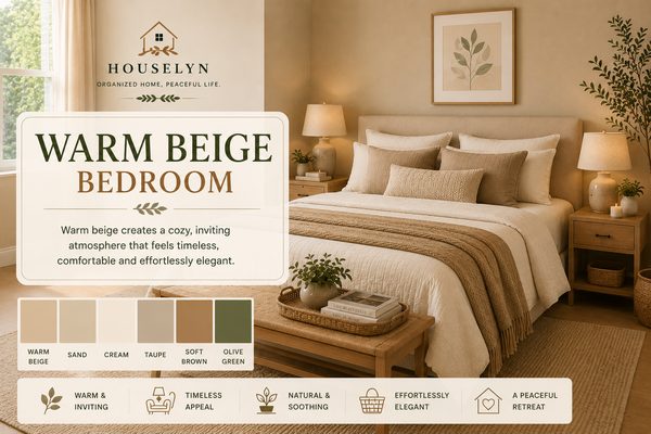 Bedroom color ideas using warm beige, cream bedding, and natural wood tones