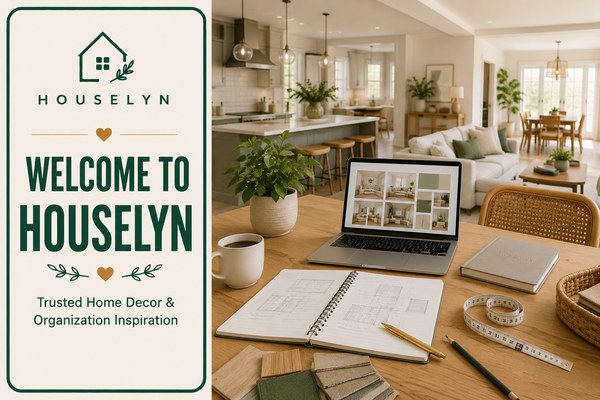 Elegant open-plan home with organized kitchen, living room, planning desk, notebook, and home styling materials representing the Houselyn brand. welcome-to-houselyn-hero.jpg
