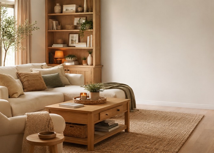 Beautiful family living room with warm neutral decor, natural wood furniture, layered textures, indoor plants, and organized styling. welcome-to-houselyn.jpg