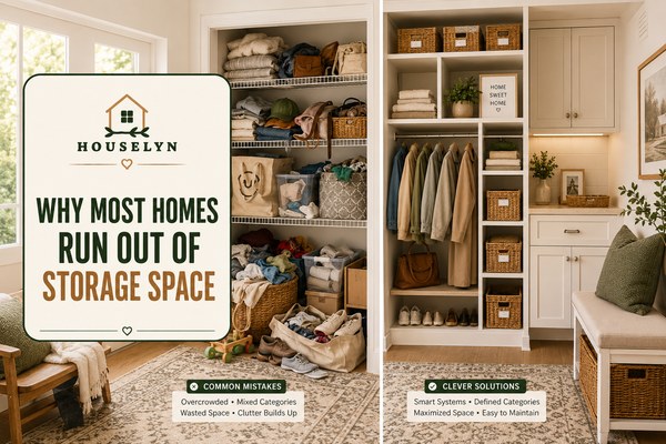 Storage ideas showing organized and cluttered home storage systems compared side by side. why-most-homes-run-out-of-storage-space.jpg