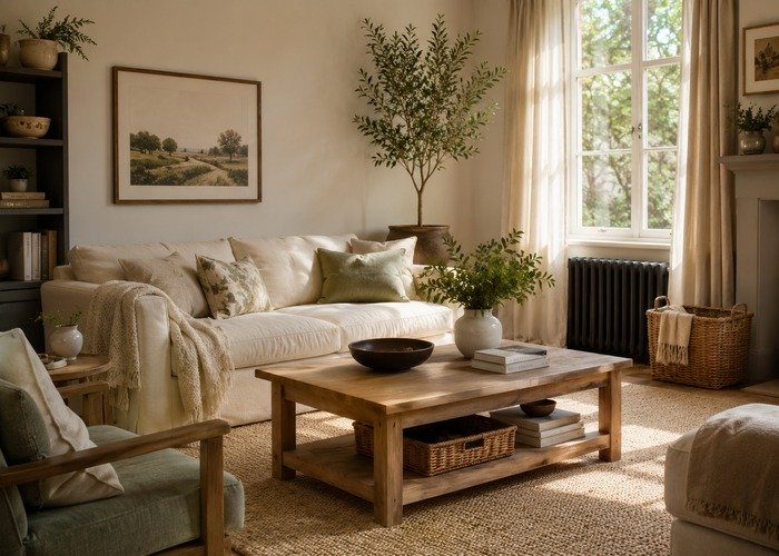 Warm neutral living room with timeless home decor