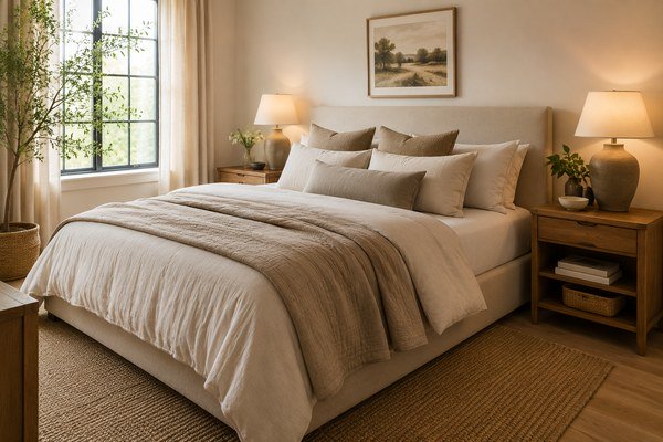 Warm neutral bedroom with layered bedding and timeless bedroom decor