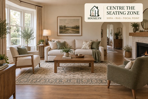 Living room rug centred with a sofa and seating group rather than the empty room