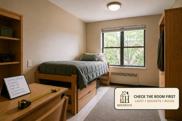 Unmodified college dorm room with supplied ceiling light, desk, window, wall socket and a lighting-planning checklist.