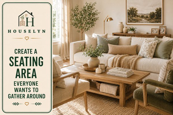 Warm living room seating area with cream sofa, accent chairs, cushions, throws, and natural wood coffee table