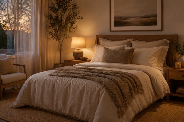 Cozy bedroom with warm layered bedding, soft lighting and neutral home decor