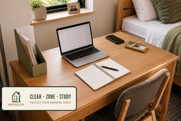 Organised college dorm desk divided into a clear work zone, reference area, device parking space and small landing zone.