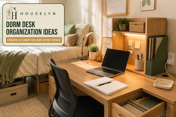 Organised college dorm desk with clear working space, drawer storage, vertical shelving and controlled charging cables.