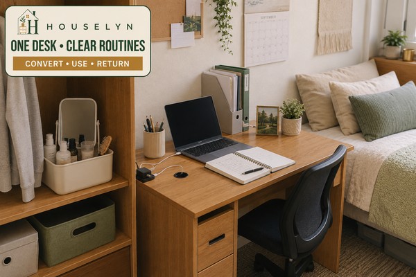 Flexible college dorm desk with a clear study surface and a removable personal-care caddy stored beside the desk.