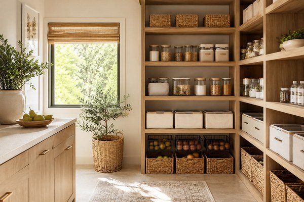 Beautiful organized home with baskets, storage shelves and warm neutral styling