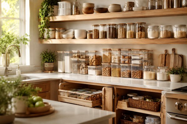 Organized kitchen with warm wood shelves, clear containers and practical storage