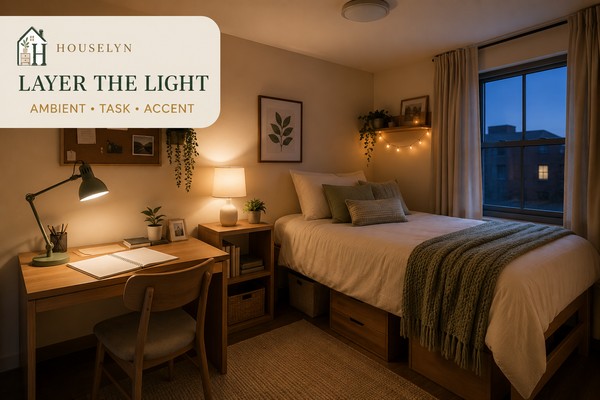 Small college dorm with separate ambient, desk-task and decorative lighting layers.