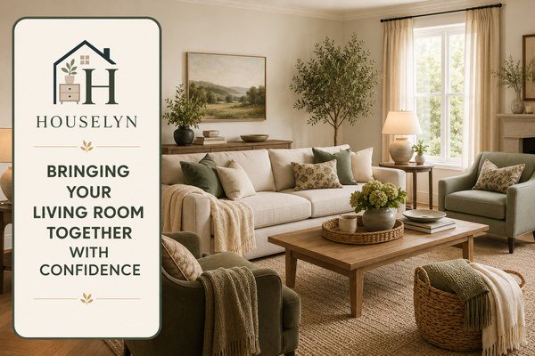 Finished living room with balanced furniture layout, warm lighting, natural textures, indoor plants, and timeless Houselyn styling