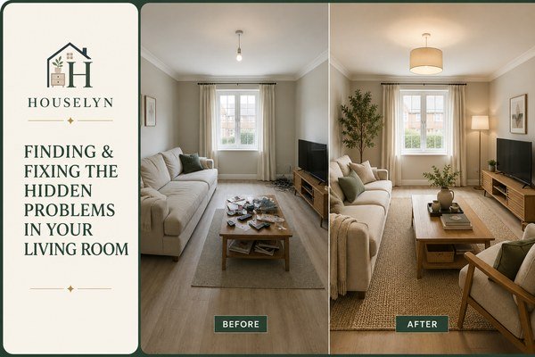 Before and after living room showing improved layout, lighting and organisation