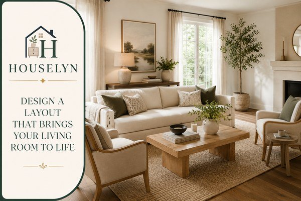 Beautiful living room layout with balanced seating, clear walkways, warm neutral decor, and natural wood furniture