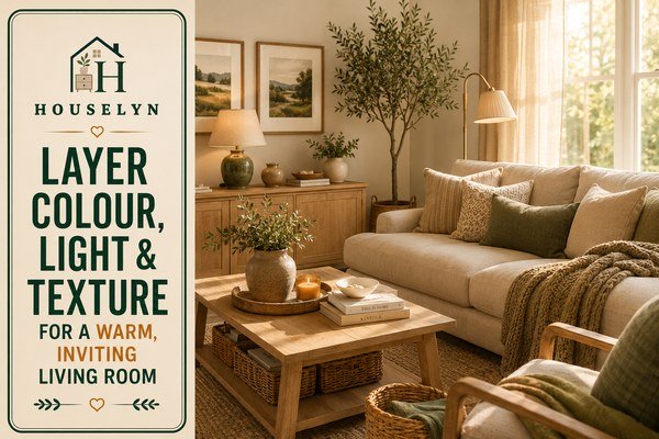 Warm living room with layered lighting, natural textures and neutral colours