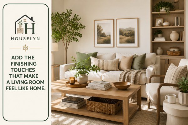 Beautifully styled living room with artwork, plants, books and decorative accessories