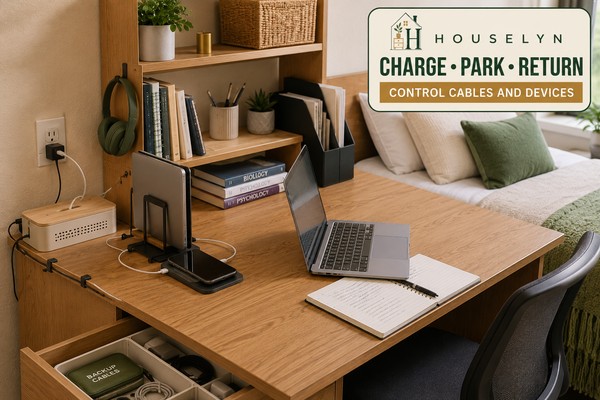 Clear college dorm desk with safely routed charging cables, a vertical device stand and an organised charging area.