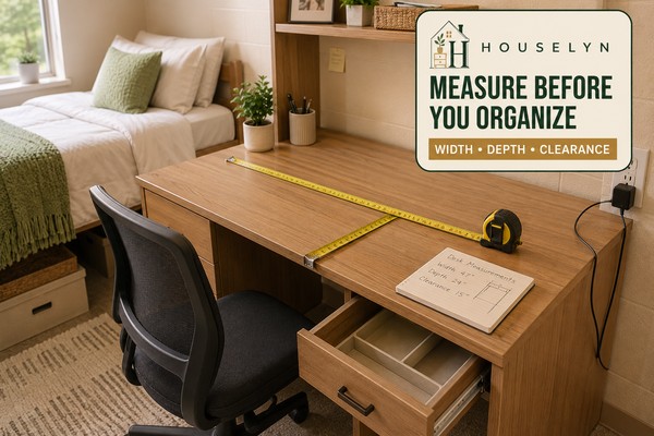 Supplied college dorm desk being measured across the surface, drawers and overhead clearance before organisers are selected.