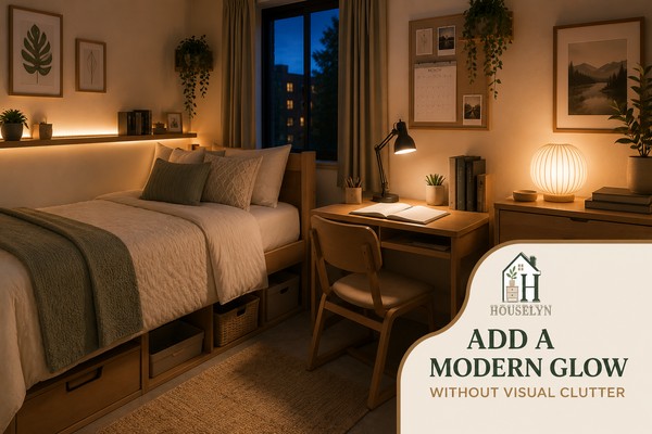 Modern college dorm with one restrained warm decorative-lighting feature and a sculptural rechargeable lamp.