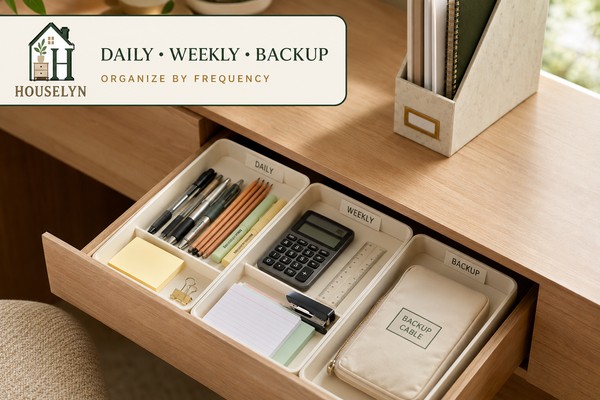 Open college dorm desk drawer organised into daily, weekly and backup supply categories.