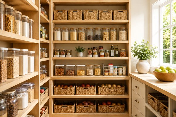 Organized pantry with clear storage containers, labels and warm neutral shelves